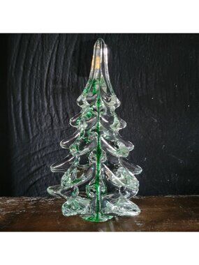 Vtg Glass Christmas Tree Clear And Encased Green Glass Christmas Tree 5.5 inches